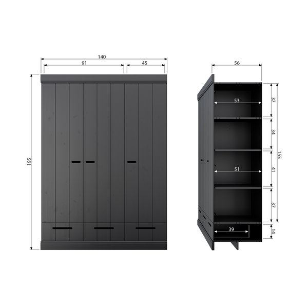 Connect armoire 3 portes + tiroirs noir, plan avec dimensions