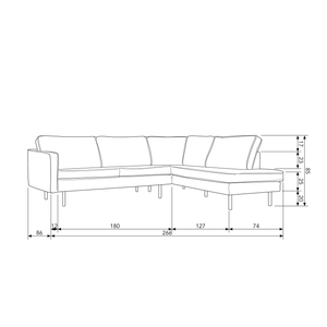 Rodeo corner sofa right velvet dark green, dimension drawing