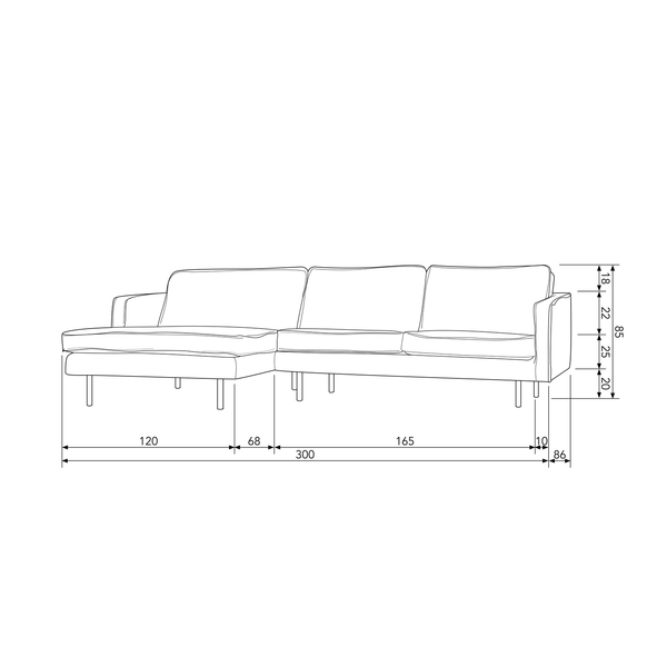 Rodeo chaise longue left structure velvet brass, dimension drawing