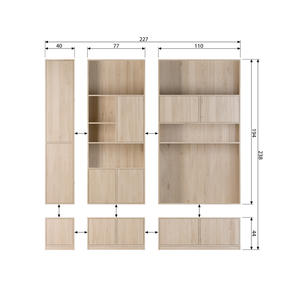 Modulair bovenkast 77 cm eiken naturel mat, maattekening